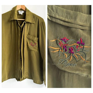 Vintage Jennifer Lane Olive Green Silk floral embroidered Long Sleeve M  Shirt